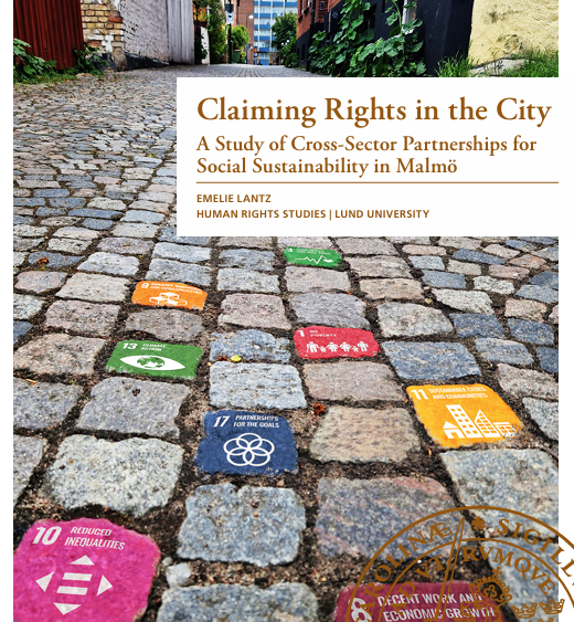 PhD thesis cover with stustainble development goals painted on cobble stones in a city.